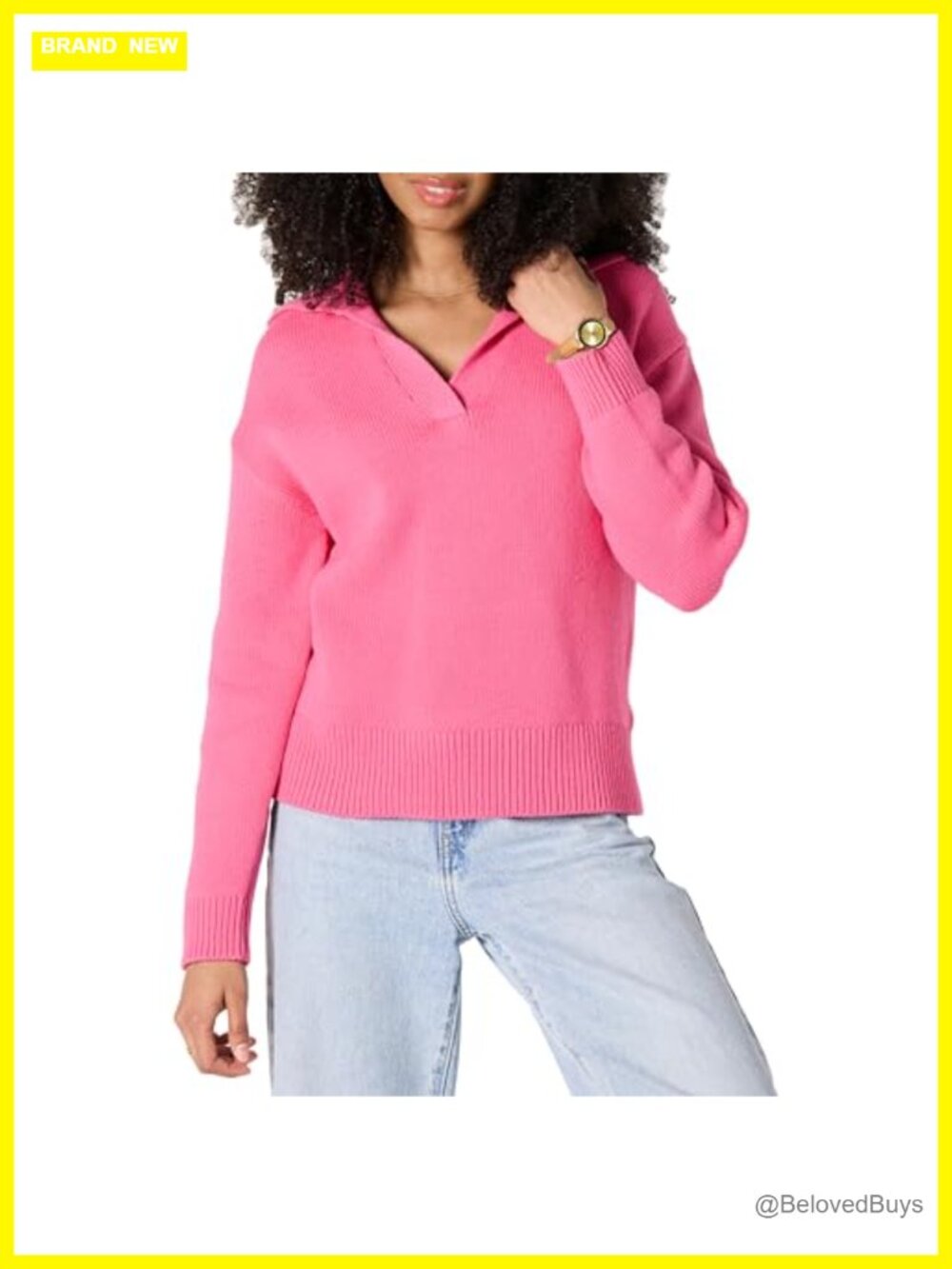 Women's Cotton Polo Pullover Sweater Long Sleeve V Neck Collared Relaxed Fit